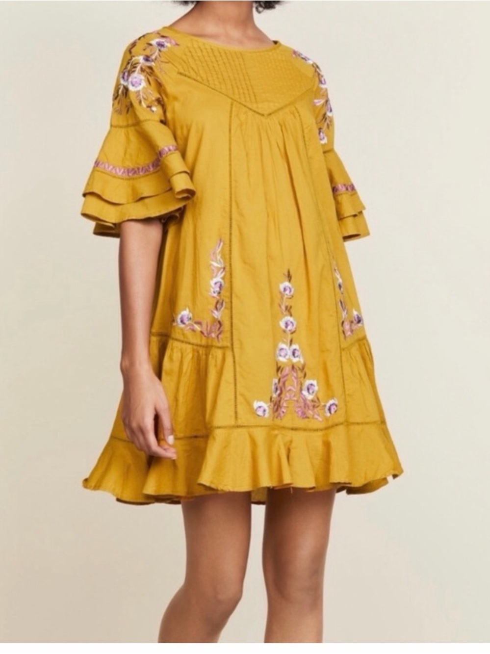 Free People Mustard Yellow Embroidered Ruffle Mini Dress